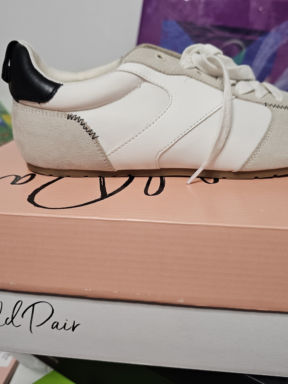 Wild Pair White and Beige Low-Top Women’s Sneaker with Black Heel Tab